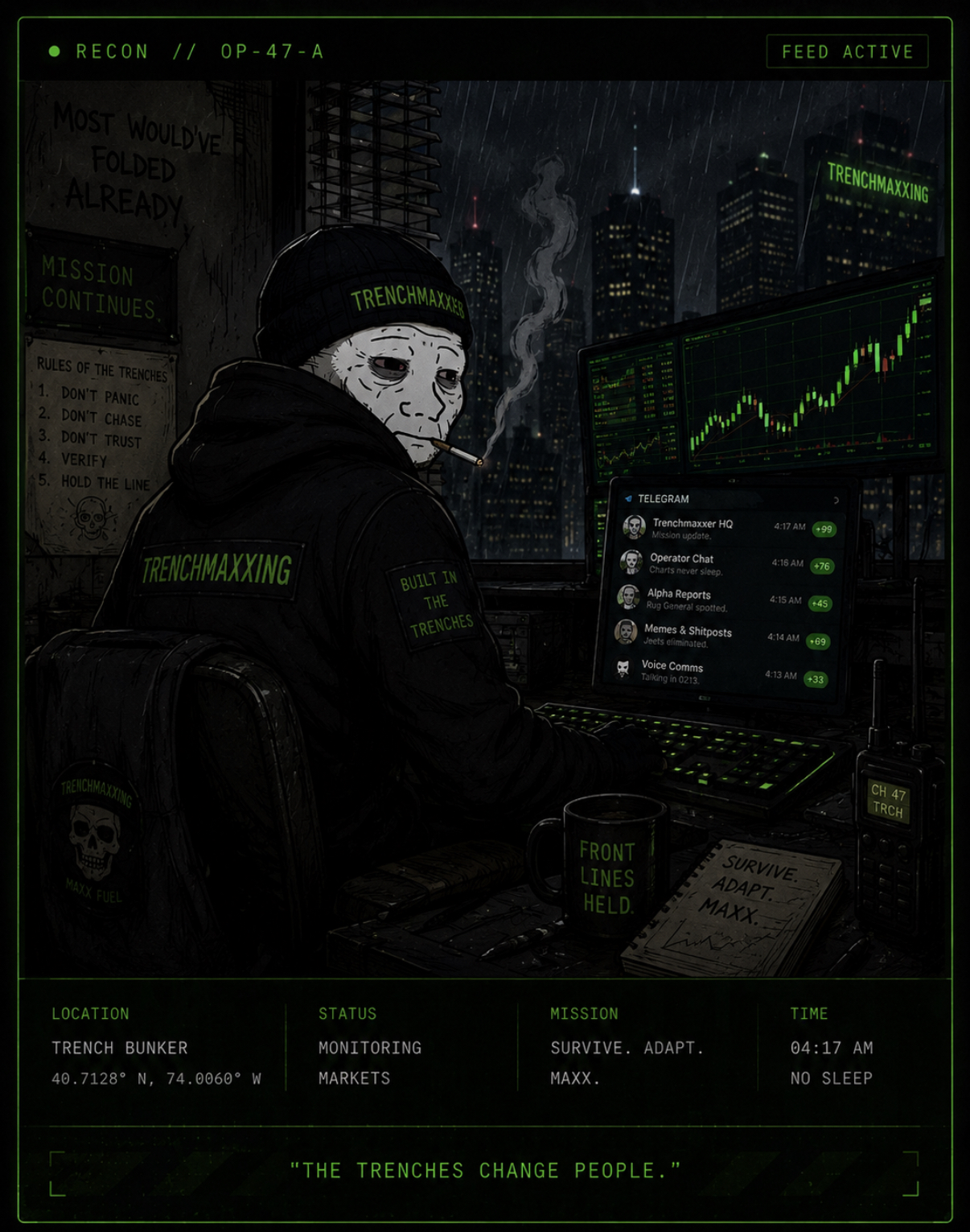 Official Trenchmaxxer operator monitoring market charts from the bunker